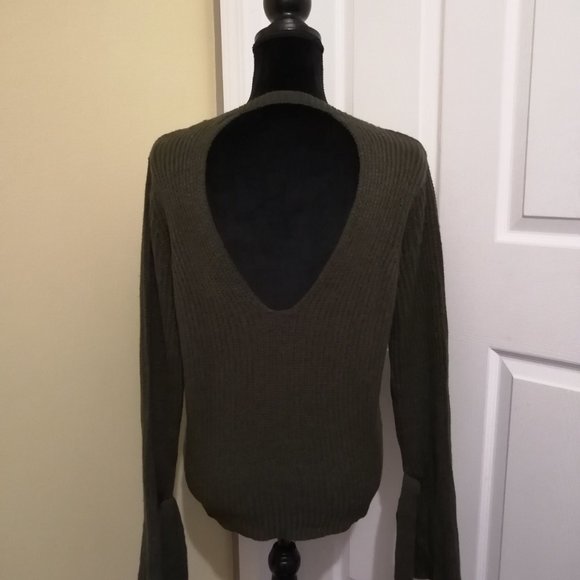 Olive Green Sweater Bell Sleeves Open Back - Picture 2 of 3